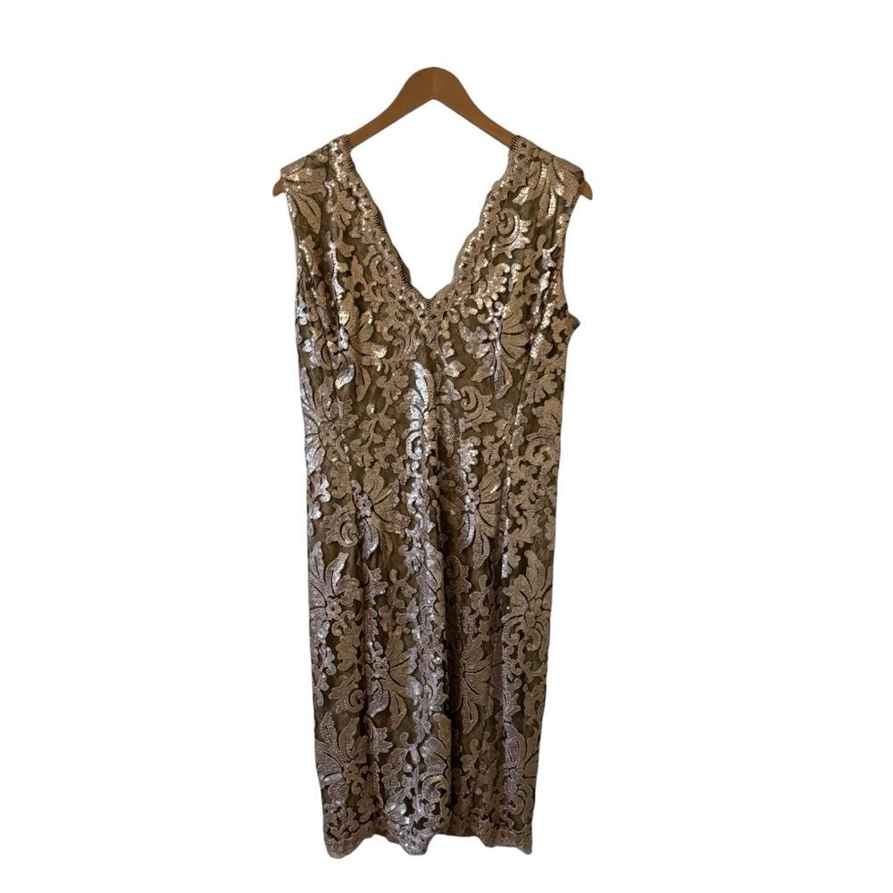 NWT Tadashi Shoji Gold Champagne Lace Sequin Lined Sleeveless Dress  Size 14